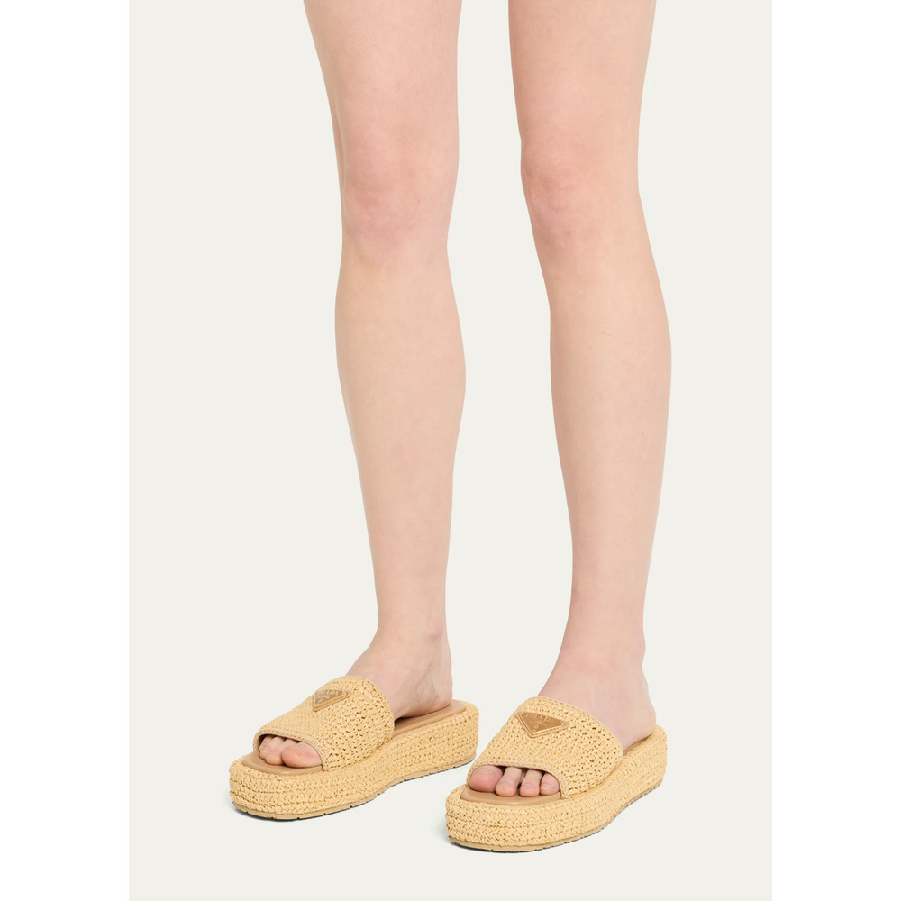 Prada Crochet Raffia Platform Slide Natural Beige Logo Mule Wedge Sandal 40 - Picture 9 of 16